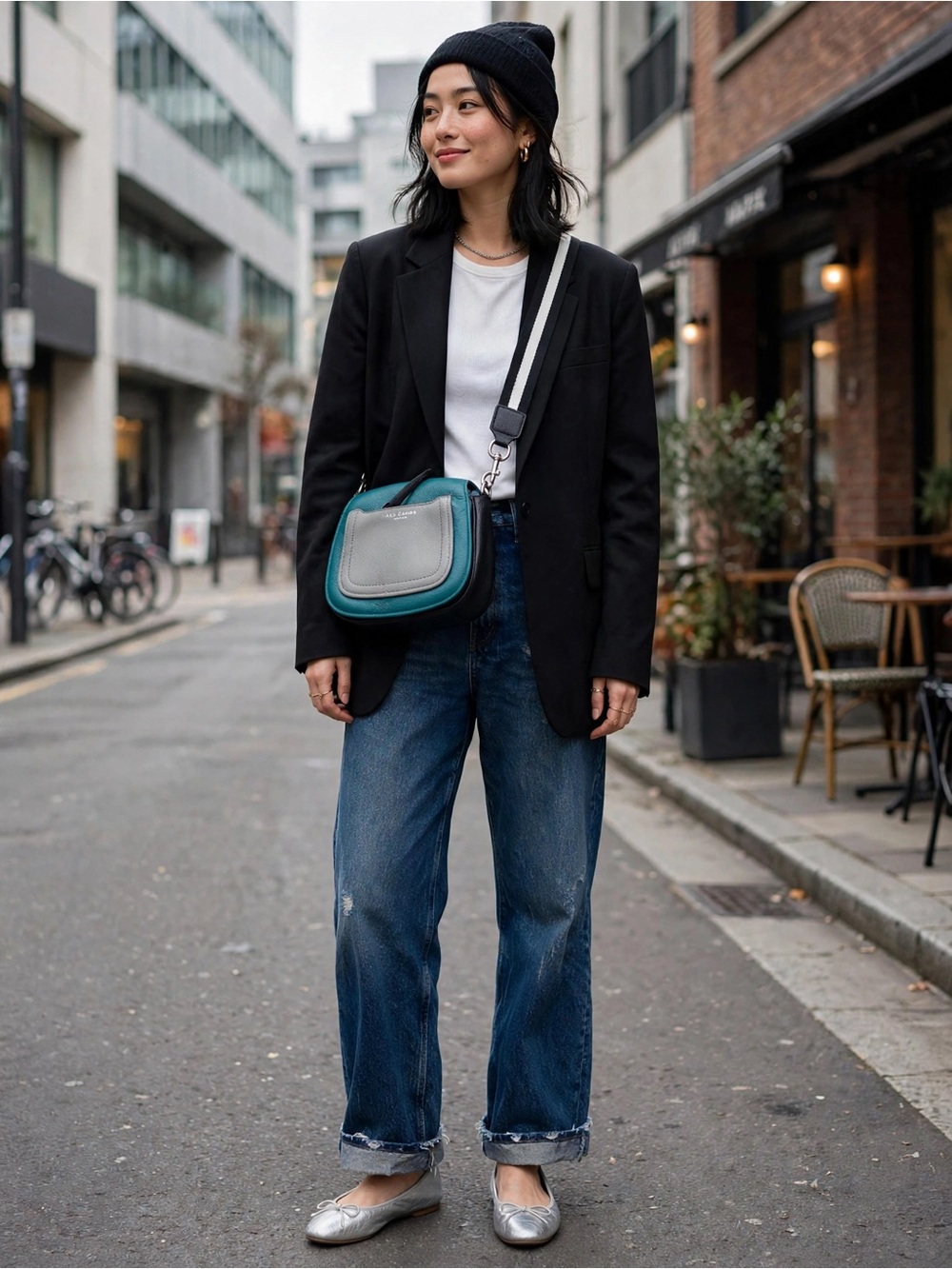 Marc Jacobs Teal and Gray Leather Crossbody with Striped Strap